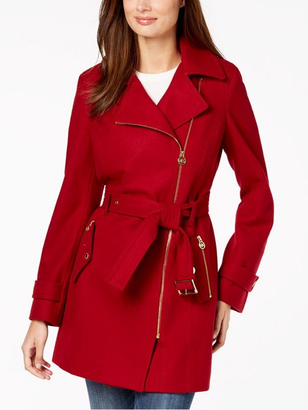Michael Kors Red Wool Belted Asymmetrical Zip Coat Size 0